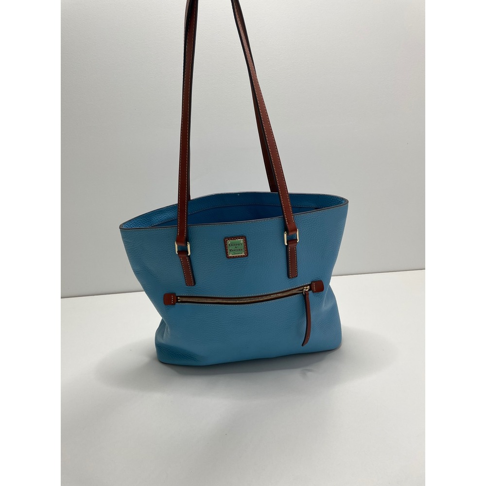 Dooney & Bourke Turquoise Pebbled Leather Tote Bag Brown Trim Blue Shoulder Bag - Picture 4 of 16